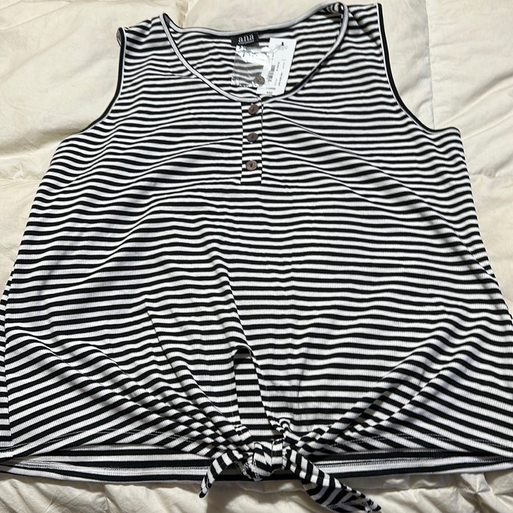 Black and white striped sleeveless shirt with buttons and tie